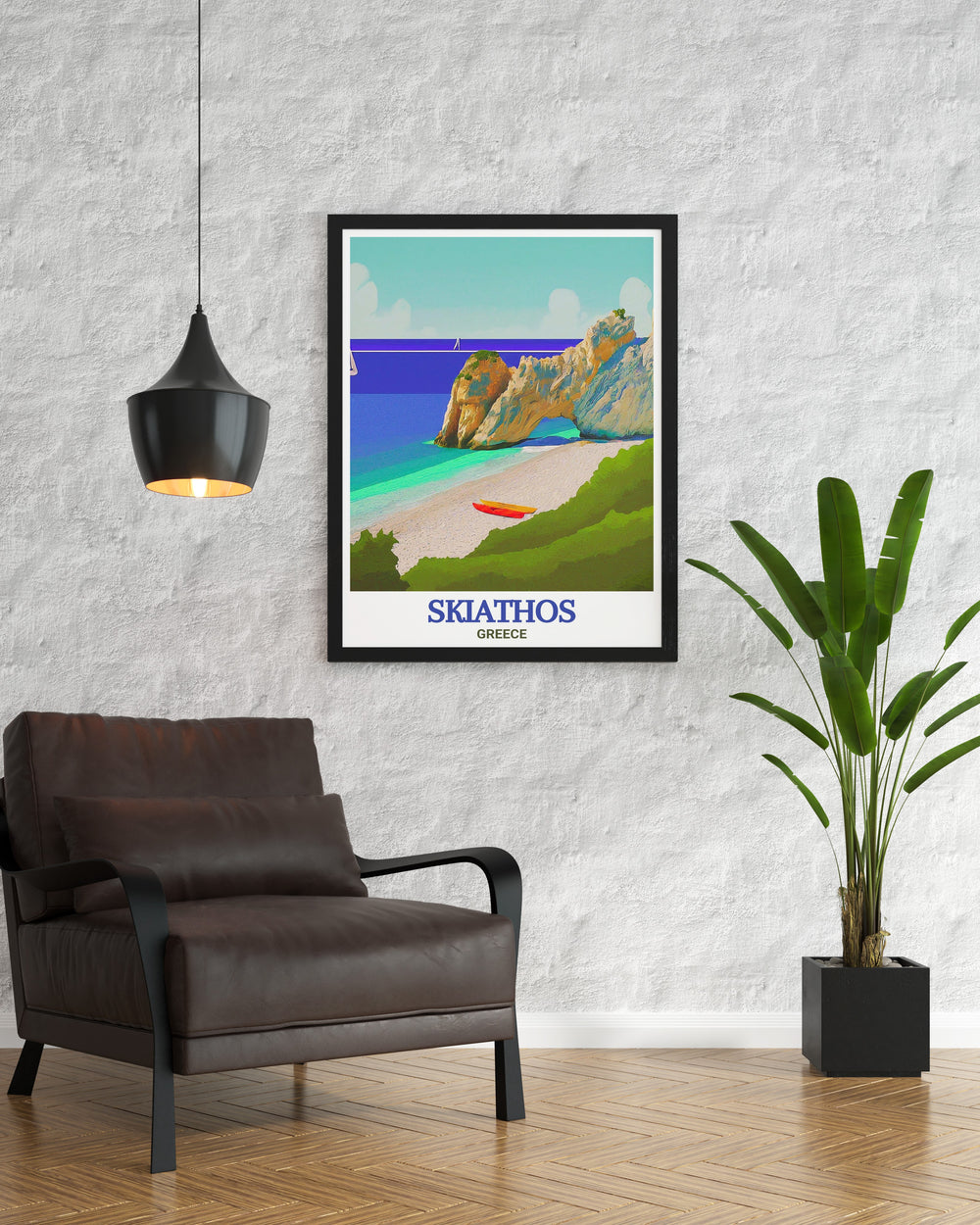 Skiathos Island travel poster featuring the famous Lalaria Beach. This high quality print brings the beauty of Greece into your home, with its detailed depiction of the beachs clear waters and lush greenery. Perfect for any decor.