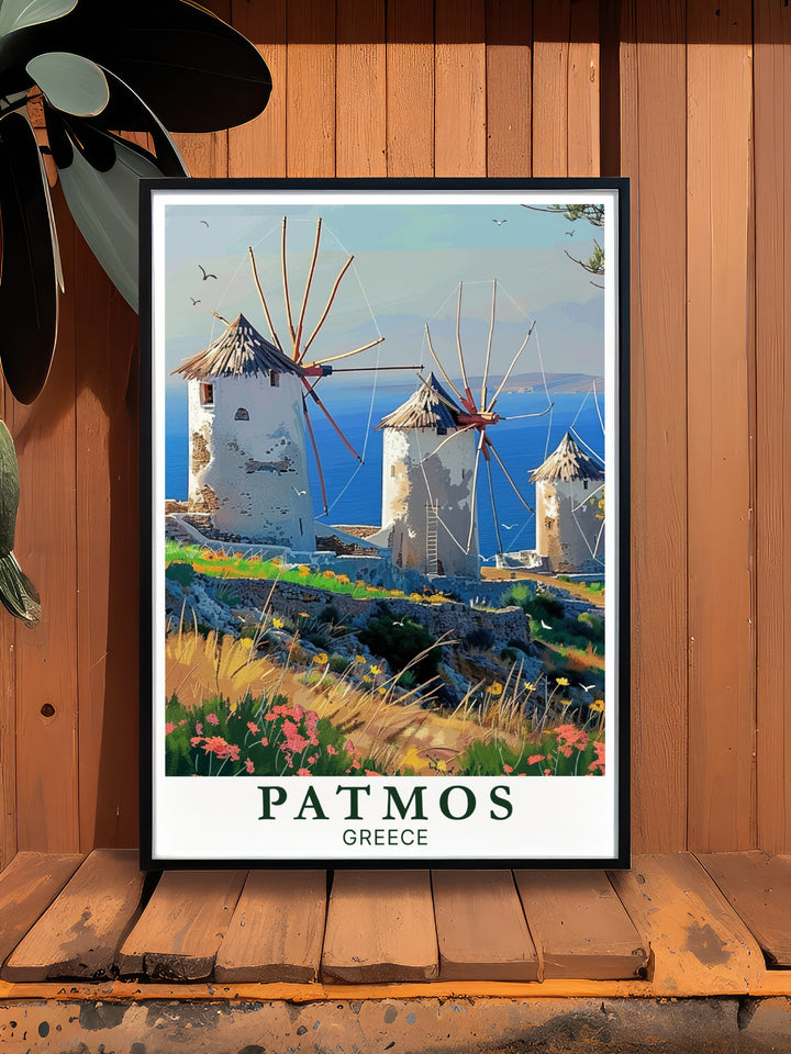 Patmos Greece island print and Windmills of Patmos stunning prints perfect for those who love Greek culture this artwork brings the peaceful atmosphere of Patmos and Windmills of Patmos into your home offering a beautiful blend of traditional and modern artistic styles