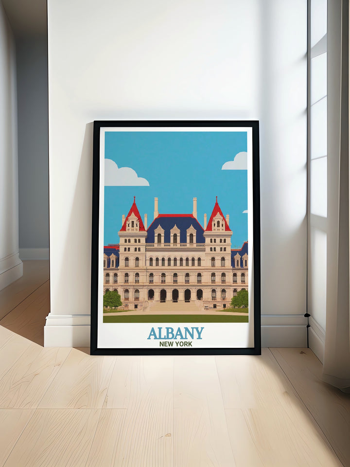 New York State Capitol artwork showcasing Albanys iconic architecture perfect for art and collectibles enthusiasts looking for stunning New York State prints and gifts that highlight the beauty of Albany decor and wall art in vibrant colors and intricate details.