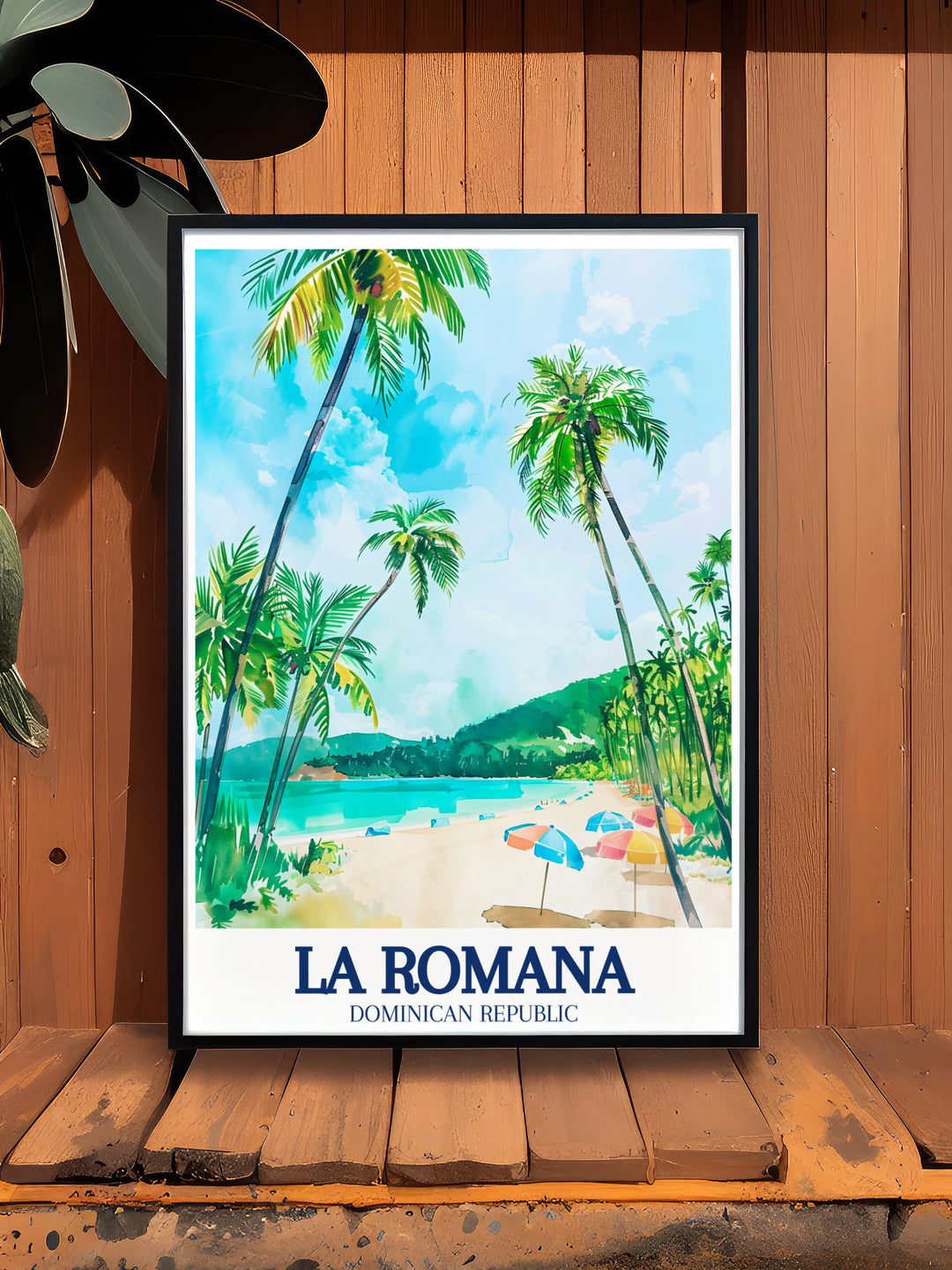 La Romana travel poster featuring the scenic Bayahibe Beach and Dominican Republic National Park. Ideal for adding a pop of tropical color to your walls, this poster is a must have for fans of Caribbean art and decor.