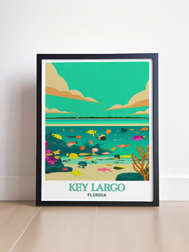 Florida travel prints featuring Key Largo and John Pennekamp Coral Reef State Park are the perfect addition to any home with their vibrant tropical colors and serene scenery creating a beautiful escape right on your walls whether in a living room or hallway.