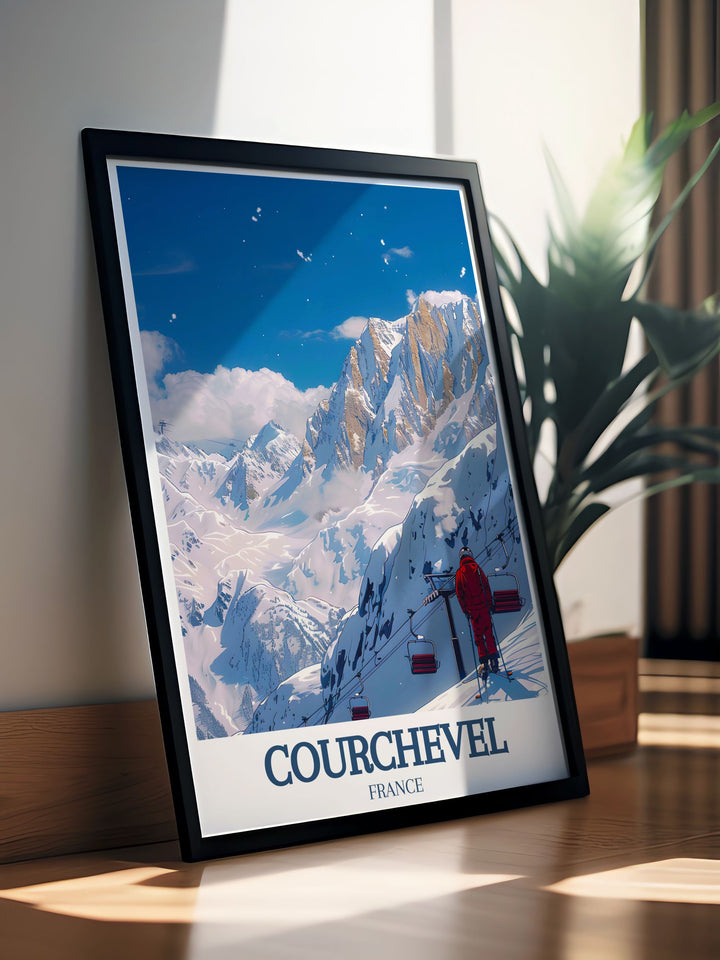 Featuring the snow covered peaks of La Saulire in Courchevel, this travel print brings the winter wonderland of the French Alps into your home. Ideal for ski enthusiasts or mountain lovers, this artwork adds an air of adventure to any room.