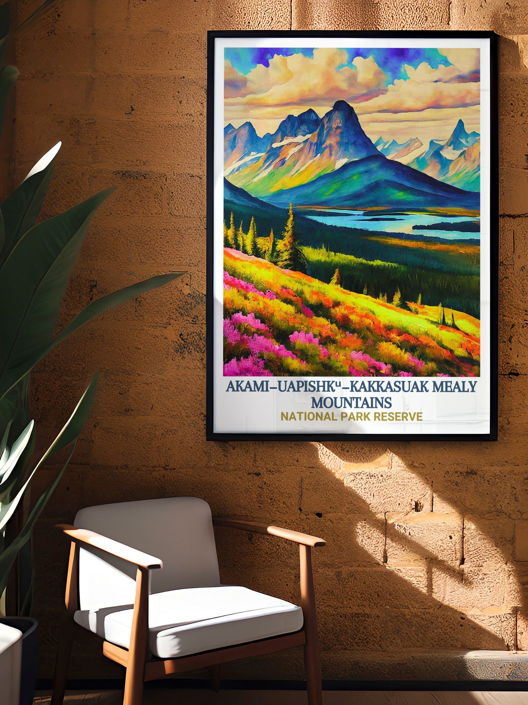 Explore the rugged landscapes of Newfoundland with this Mealy Mountains travel print. The artwork captures the soaring peaks, lush forests, and calm waters of the Labrador Sea, bringing the majesty of Akami−Uapishkᵘ National Park into your home.