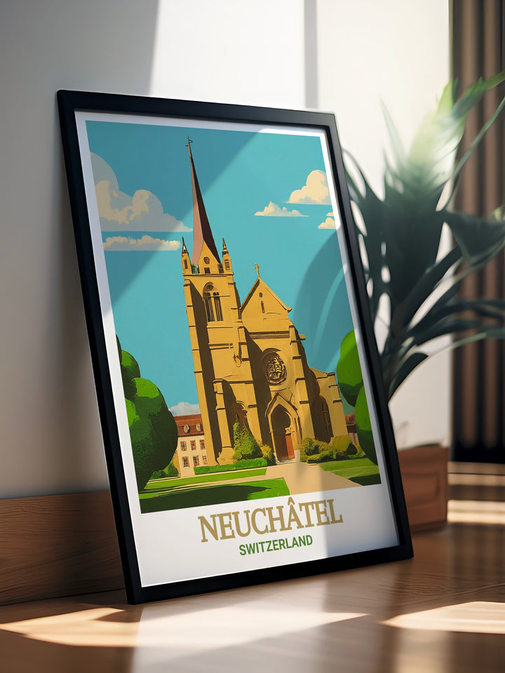 Lake Neuchatel art piece featuring La Collegiale Church. A stunning France travel poster for any room in your home. Perfect for lovers of France home decor and those seeking elegant wall art inspired by French culture and architecture.