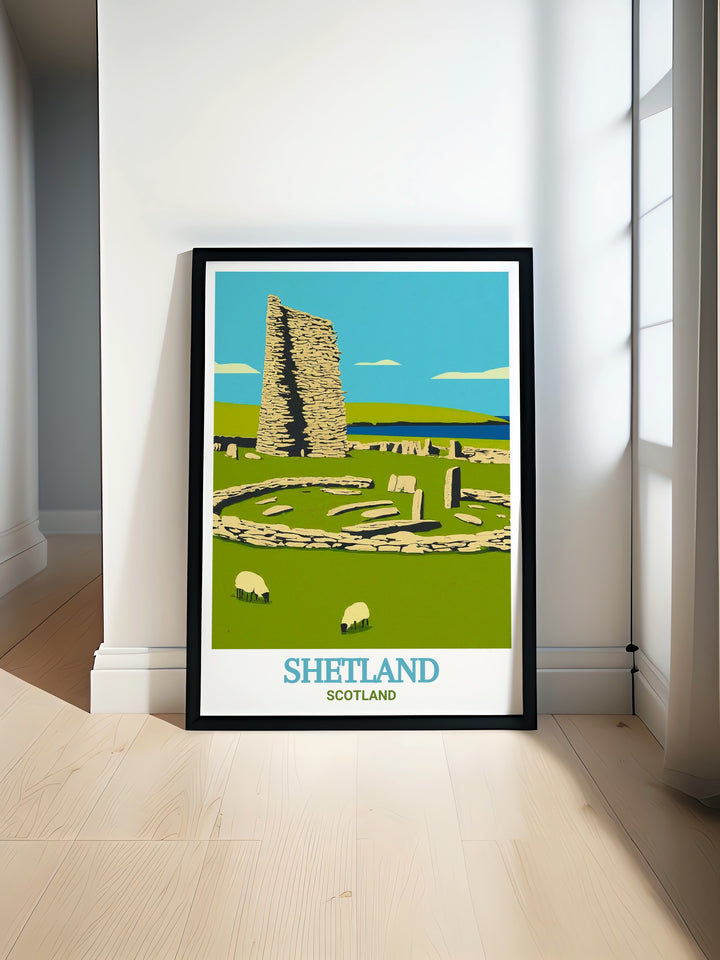 Framed Art of Shetlands Jarlshof Settlement, providing a detailed and vibrant portrayal of one of Scotlands most significant historical sites. The framed print adds an element of elegance to any room, making it a perfect gift for those who appreciate Scottish history and landscape art.