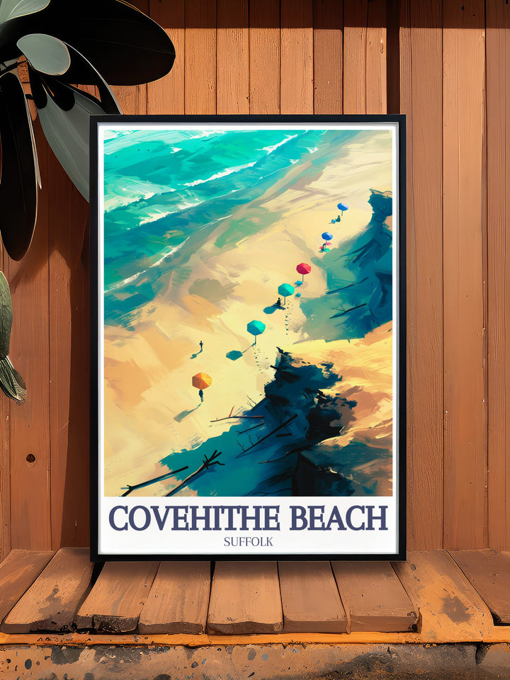 The North Sea and Suffolks Covehithe Beach are beautifully showcased in this travel poster, highlighting the blend of natural beauty and peaceful coastal life. This canvas art is ideal for coastal lovers and those looking to add a touch of English serenity to their décor.