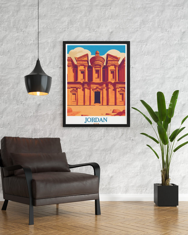 This travel print of Jordans Petra and Amman offers a stunning view of the countrys architectural wonders and modern cityscape. Perfect for those who appreciate both history and culture, this poster is a visual celebration of Jordans iconic landmarks.