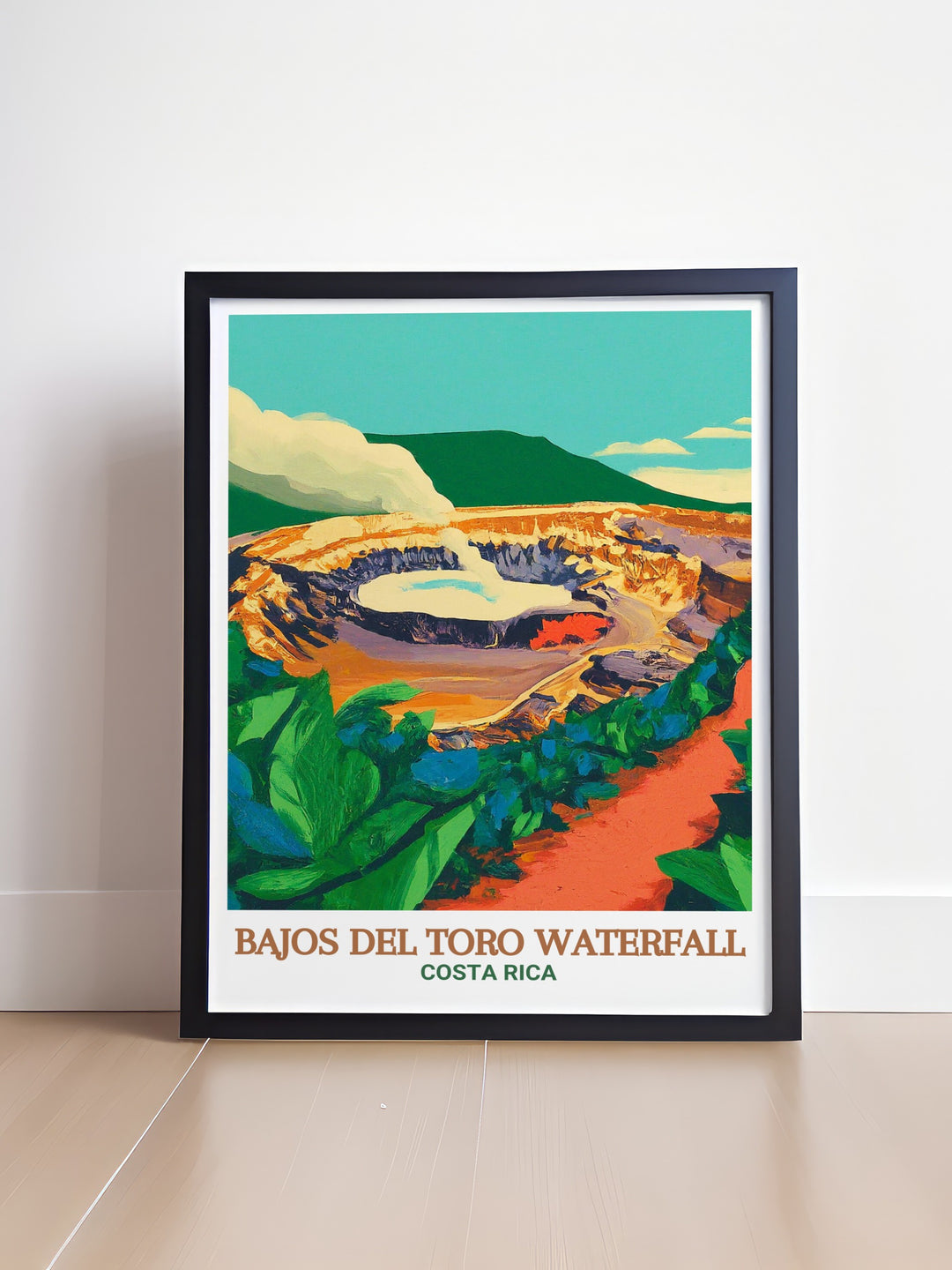 Bring the breathtaking scenery of Costa Rica into your home with this Bajos del Toro Waterfall print. The artwork captures the lush rainforest and the waterfalls dramatic descent, making it a perfect piece for nature enthusiasts and travelers.