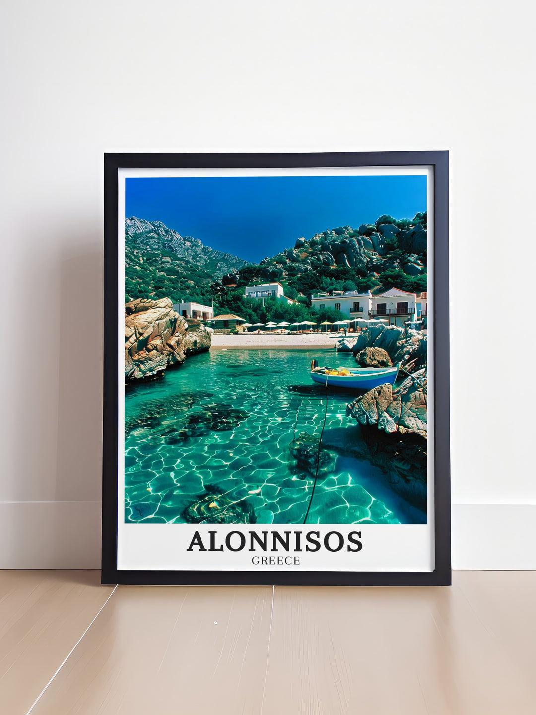 Alonnisos wall poster featuring the serene Vrissi beach and the majestic cliffs of Sfakia. This travel art offers a perfect blend of Greeces serene and dramatic landscapes, ideal for any space.