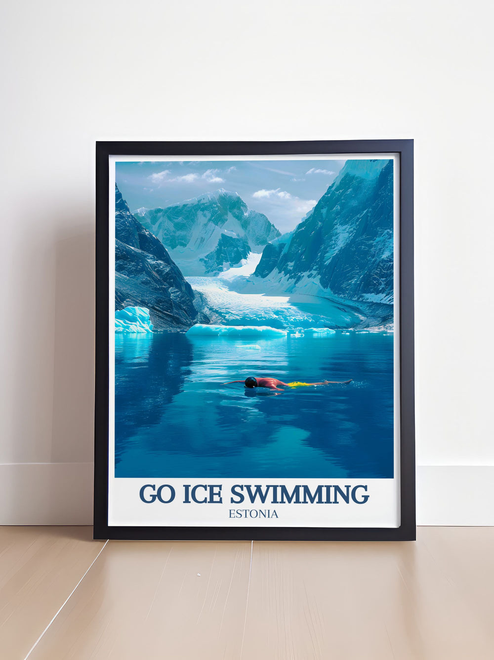 A vibrant print depicting adventurers ice swimming at the Ross Ice Shelf, showcasing the thrill and beauty of this extreme sport against the dramatic Antarctic landscape.