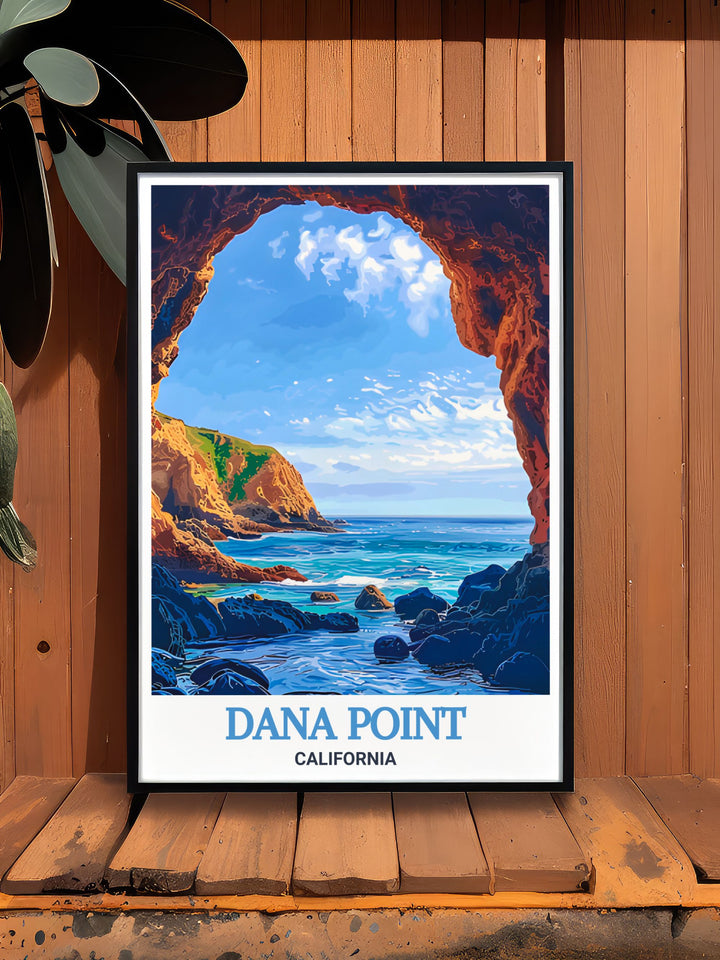 Celebrate the charm of California with this Dana Point Caves print. Perfect for travel enthusiasts and art collectors, this vintage poster brings the captivating scenery of Dana Point into your living space.