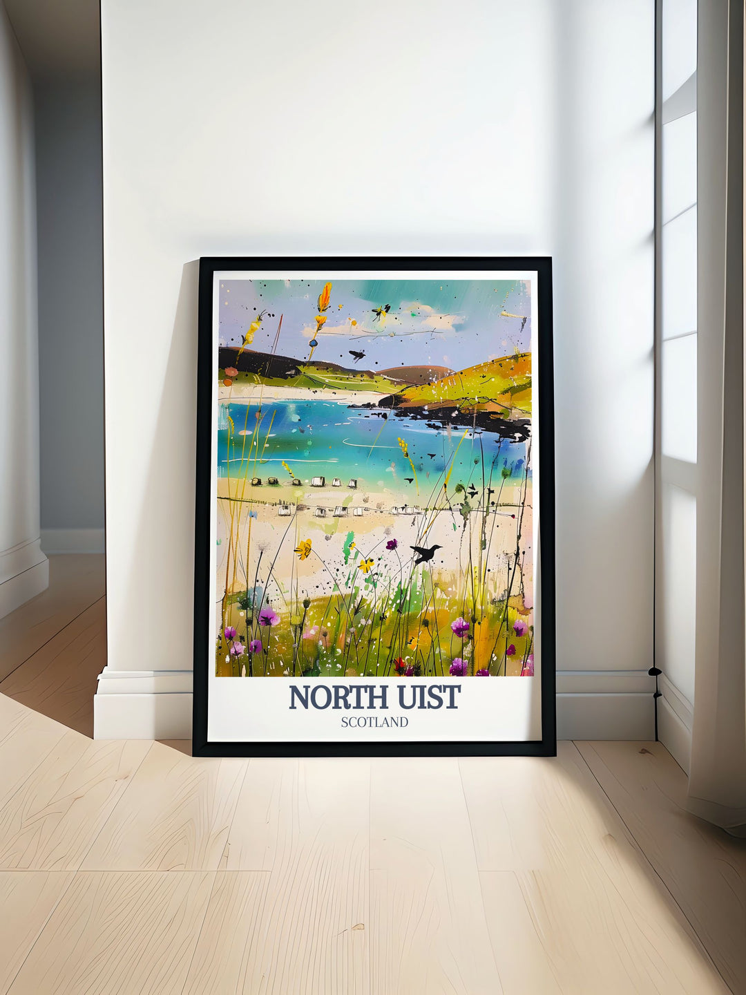 This North Uist travel poster highlights the rugged beauty of Balranald Nature Reserve and the historic Barpa Langass. Perfect as a canvas art piece or wall poster, this artwork brings the magic of the Scottish Isles into your home decor and makes a great gift for nature lovers.