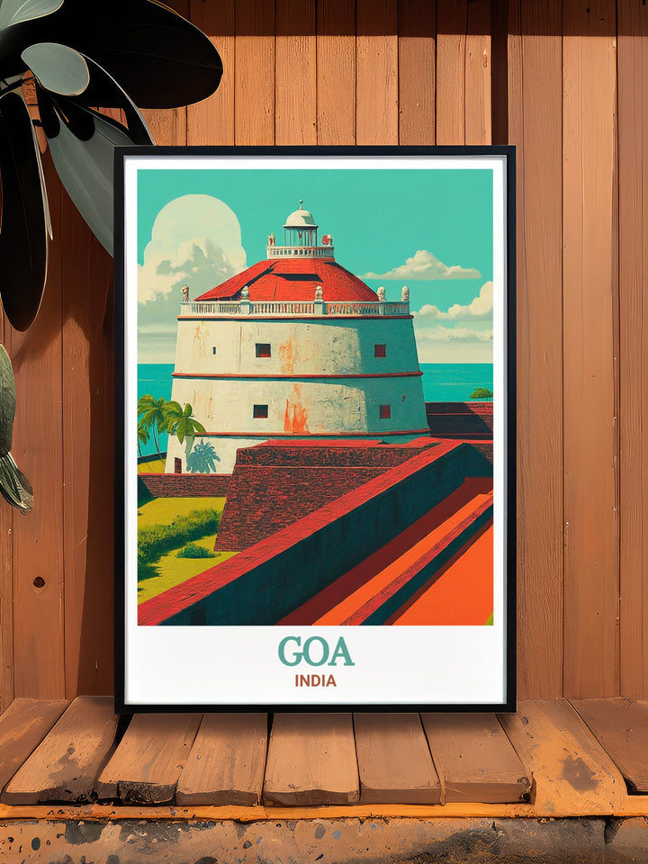 Experience the historical grandeur of Goa with this Fort Aguada travel poster. The detailed depiction of the forts robust structure and its strategic coastal location makes this artwork a standout piece, perfect for adding a touch of Indias colonial history to your decor.