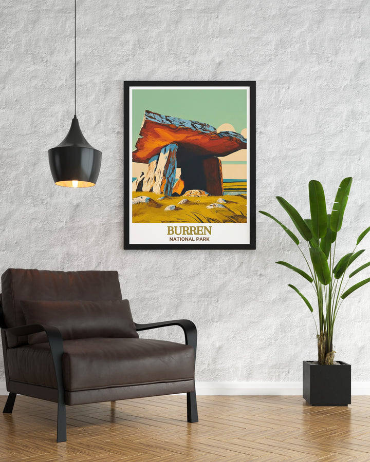 This travel poster features the iconic Poulnabrone Dolmen in Ireland, standing tall against the expansive landscape of Burren National Park. The artwork captures the ancient structures haunting silhouette, making it a striking piece of decor for those who appreciate history and archaeology.