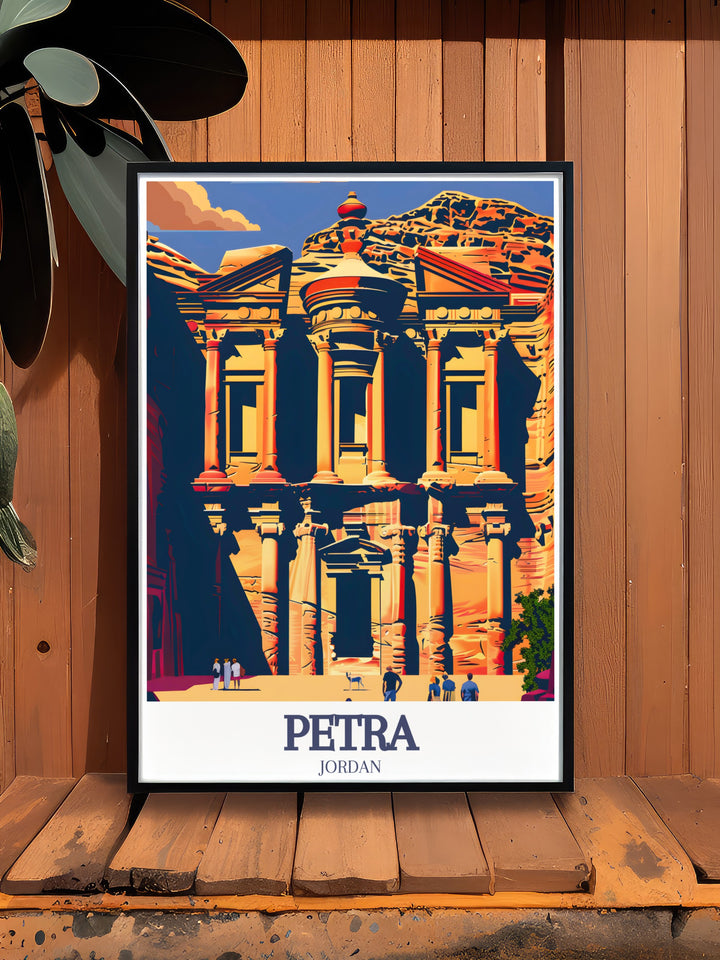 Petra Poster Print featuring the stunning rock carved Ad Deir Monastery, one of Petras most iconic structures, and the narrow Siq. This travel print brings the wonders of ancient Jordan into your living space, ideal for those who appreciate history and architecture.