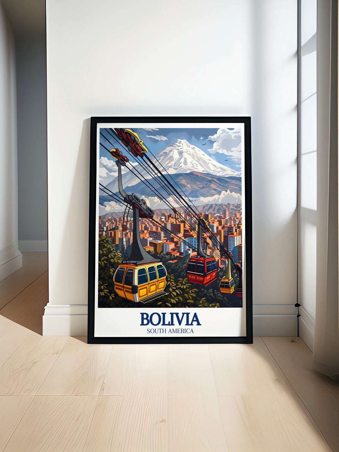 Bolivia art print featuring the vibrant city of La Paz with the majestic Illimani mountain in the background perfect for adding a touch of Latin American charm to your home decor