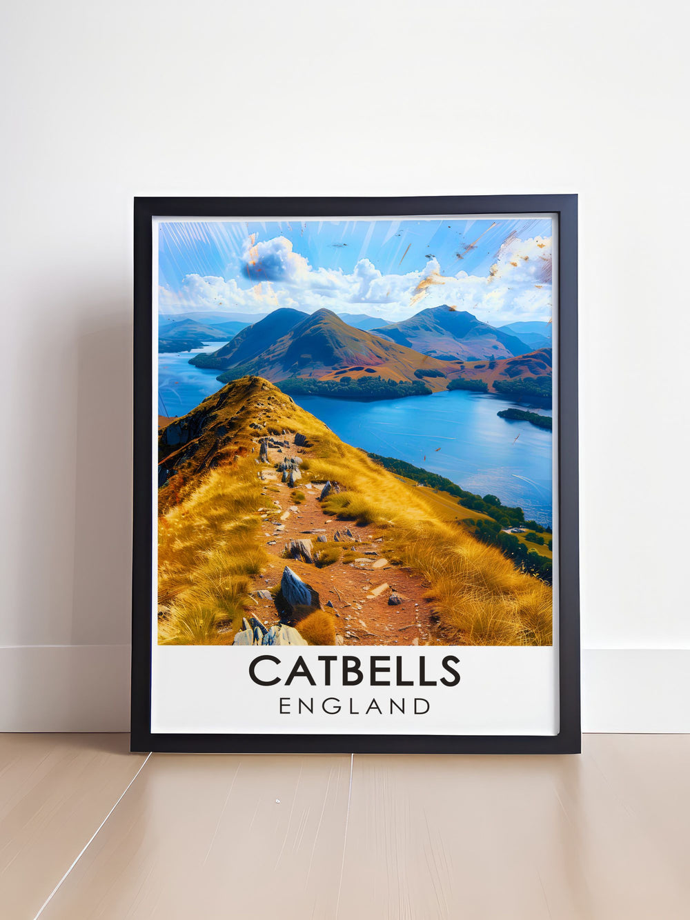 Lake District poster featuring the breathtaking Catbells Summit and Derwent Water providing a picturesque view that captures the serene and majestic beauty of Cumbria ideal for wall decor in your living room bedroom or office
