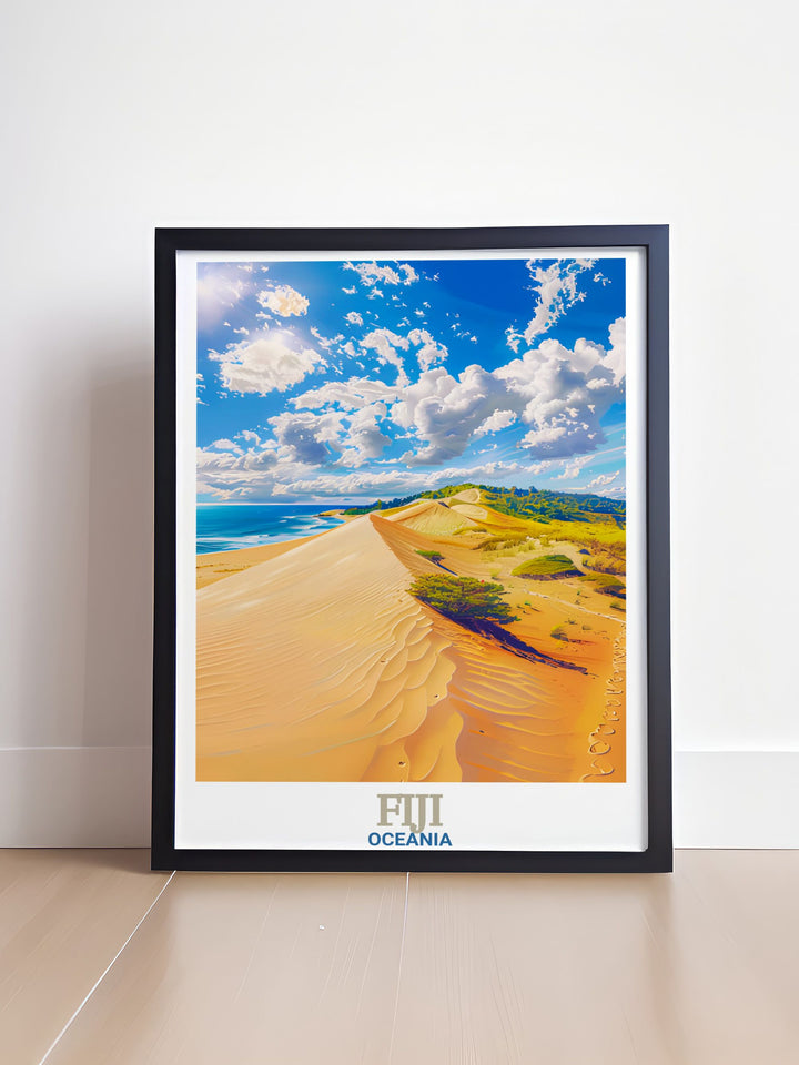 Beautiful Fiji wall art featuring Sigatoka Sand Dunes National Park brings the natural splendor and diverse landscapes of Fiji into your home. This Fiji photo highlights the striking sand dunes and lush coastal vegetation of Sigatoka Sand Dunes National Park.