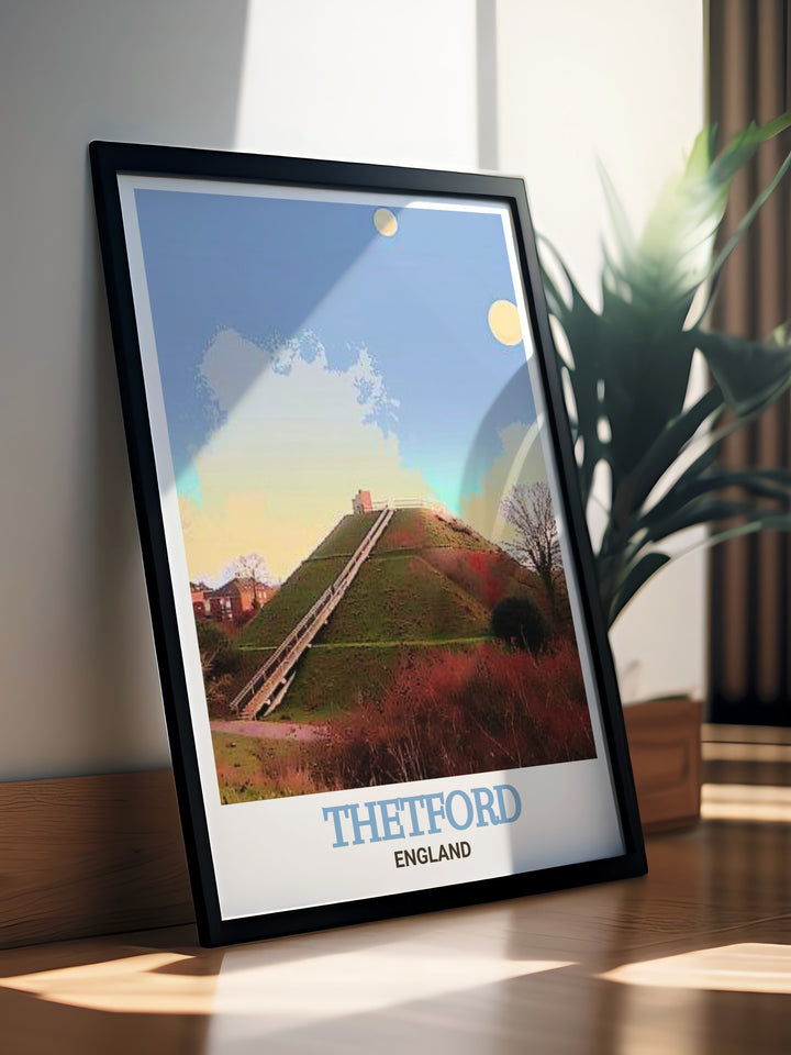 Bring a touch of Englands storied past into your home with this travel poster of Castle Hill in Thetford. This piece captures the essence of the landscape, offering a visual connection to the rich history and cultural heritage of the United Kingdom