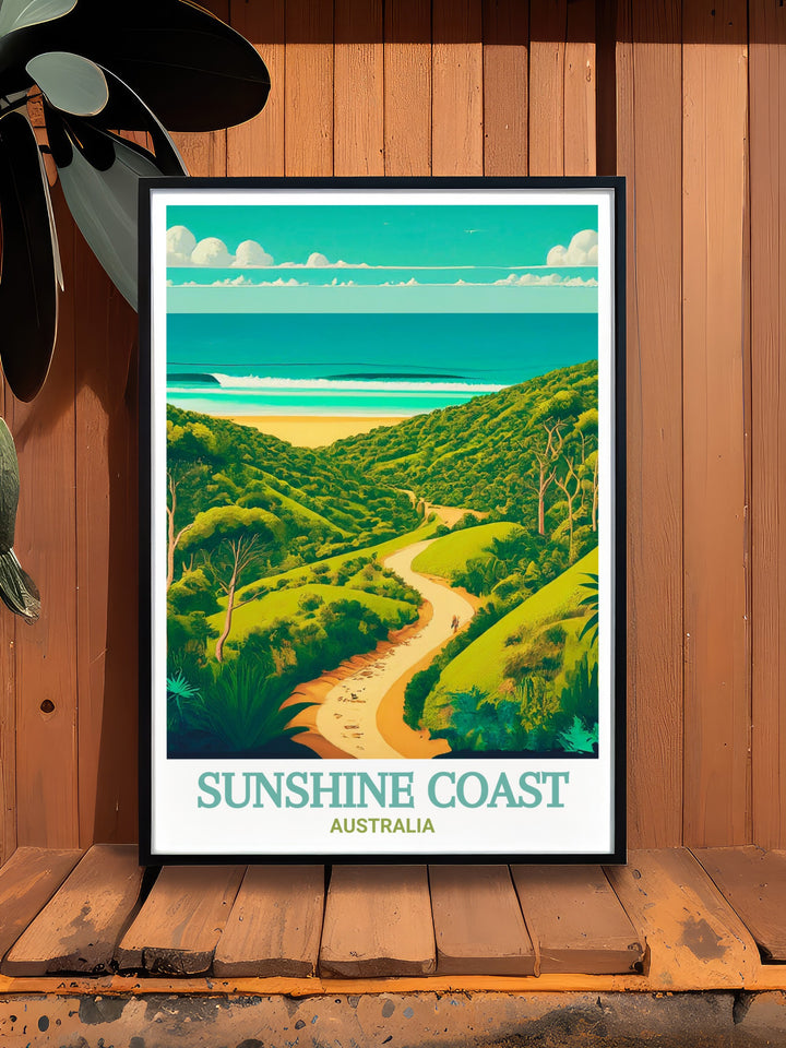 This Sunshine Coast poster brings the golden beaches and lush greenery of Australias Sunshine Coast into your home. A detailed portrayal of Noosa National Park adds a touch of nature to any space, perfect for lovers of travel and adventure.