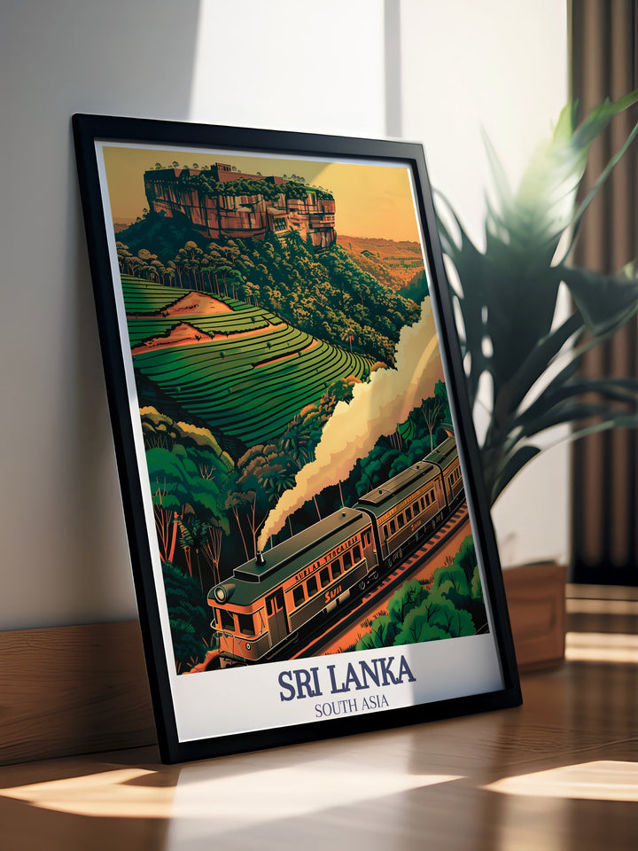 A striking travel print of Sri Lankas Sigiriya Rock Fortress, showcasing the ancient architecture and natural beauty of this UNESCO World Heritage site. The artwork is perfect for those who appreciate the cultural and historical significance of Sri Lankas most iconic landmarks.