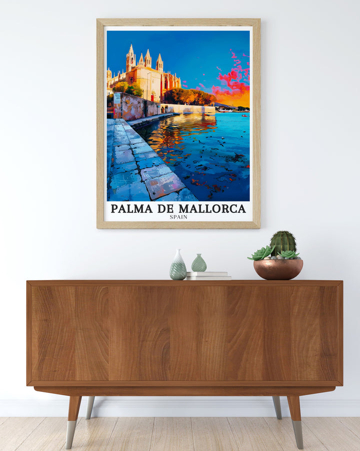 Detailed La Seu Cathedral print featuring the historic cathedral and the energetic Plaza de la Seu in Palma de Mallorca. The artwork beautifully showcases the blend of history and modernity that defines this iconic Spanish city, perfect for Spain wall art lovers