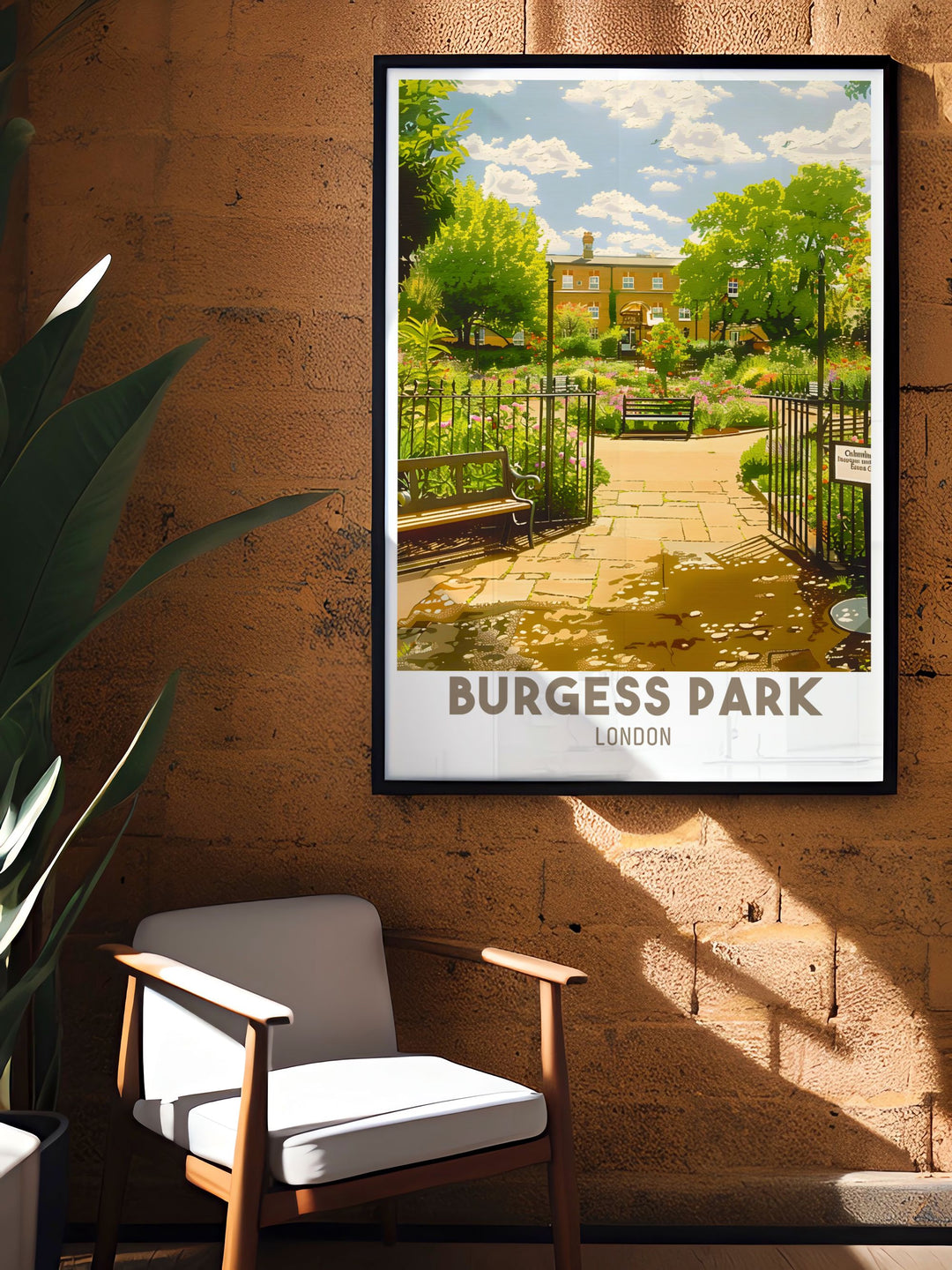 Discover the tranquility of Burgess Park with this exquisite London print. The artwork showcases the serene Chumleigh Gardens and the inviting Chumleigh Café, offering a glimpse into one of South East Londons hidden gems.