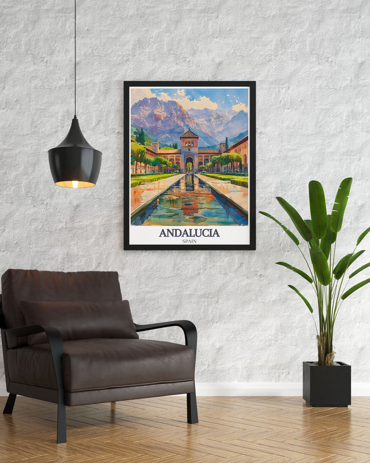 This travel poster captures the stunning beauty of the Alhambra Palace in Granada, Andalucia, Spain, showcasing its intricate Moorish architecture and lush gardens, perfect for adding a touch of historical elegance to your decor.