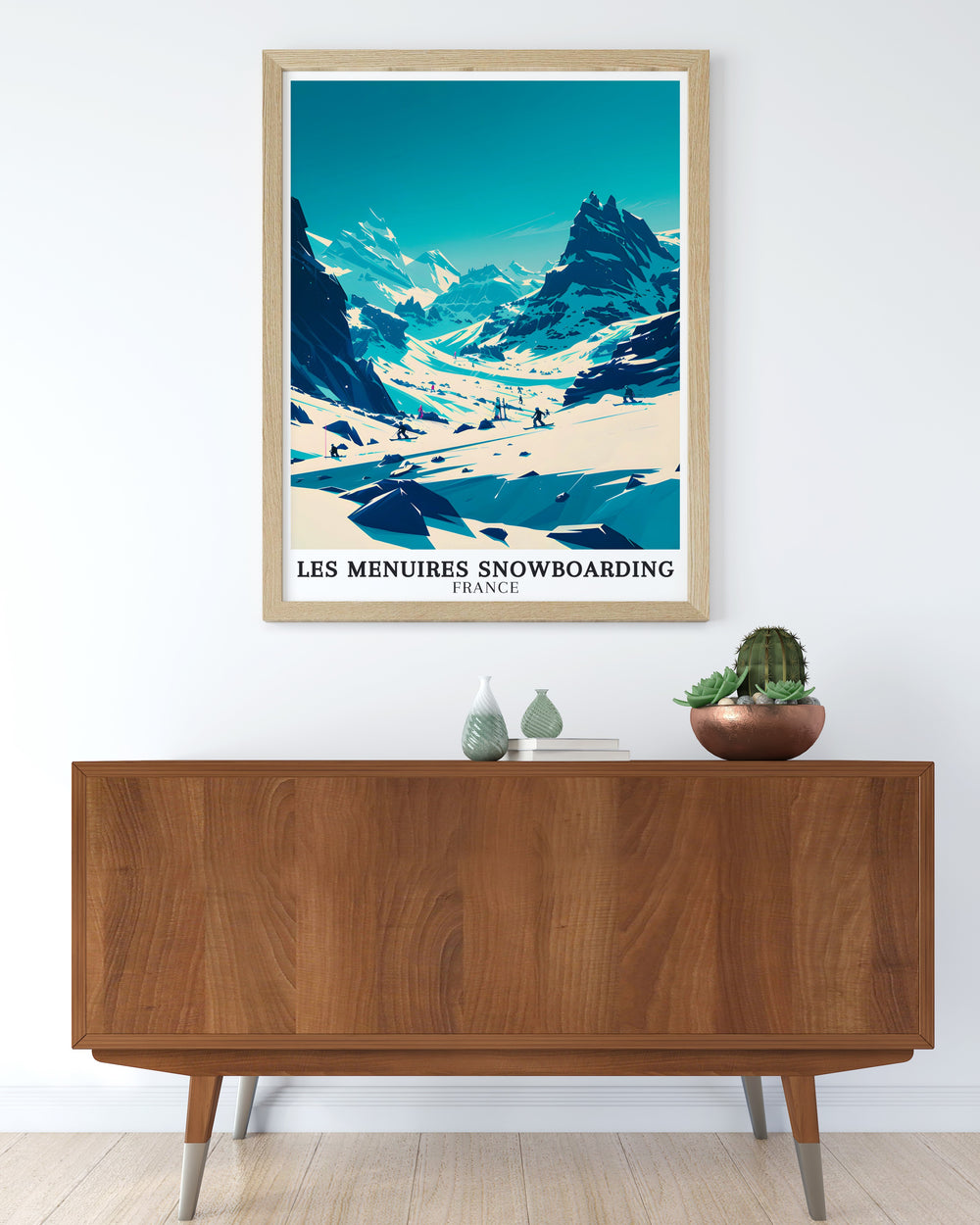 Elegant Les Menuires Three Valleys Art Print capturing the beauty and excitement of snowboarding in the French Alps a great gift for skiers and snowboarders looking for unique modern decor to celebrate their love of winter sports