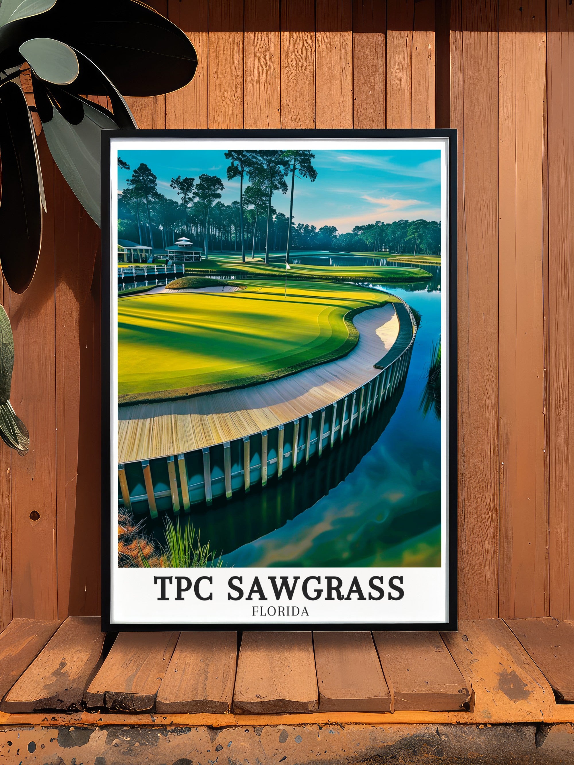 Elegant framed golf art prints depicting iconic golf courses with premium matting and wood frames suitable for sophisticated golf room walls