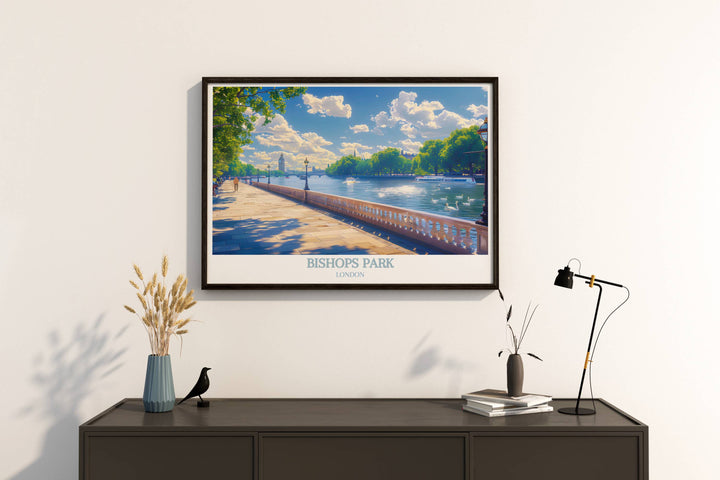 Detailed print of the Thames River Walk in London, showcasing the blend of nature and city life along the historic river.