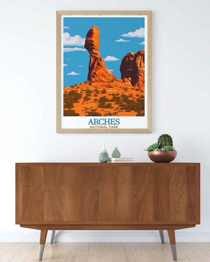 Beautiful Balanced Rock print capturing the natural wonder of Arches National Park ideal for home decor or as a unique gift for friends and family who appreciate National Park artwork and the great outdoors.