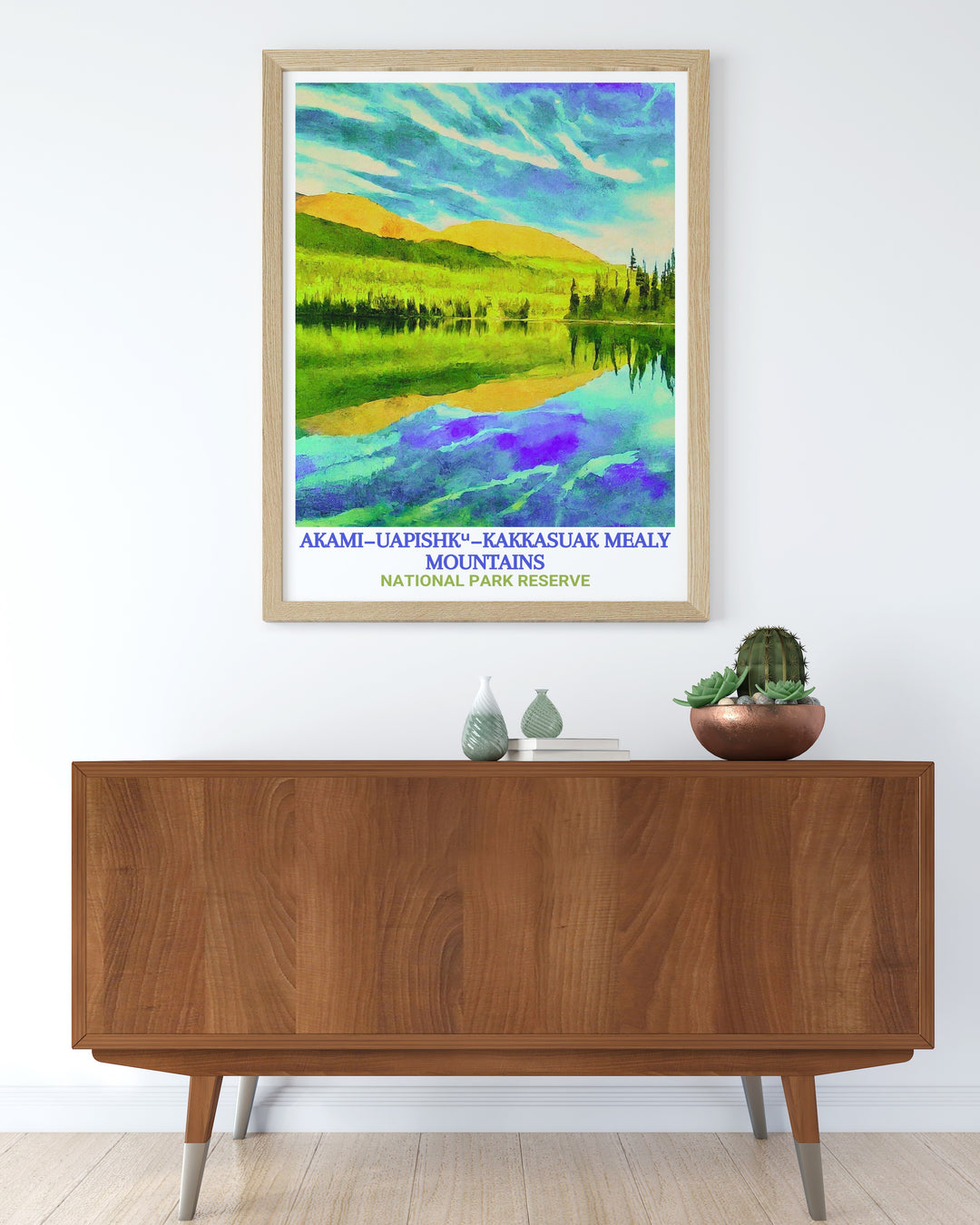 Featuring the serene waters of Atikonak Lake and the majestic peaks of the Mealy Mountains, this travel poster brings the beauty of Newfoundlands national parks to life. Its a must have for those who love Canadas great outdoors.