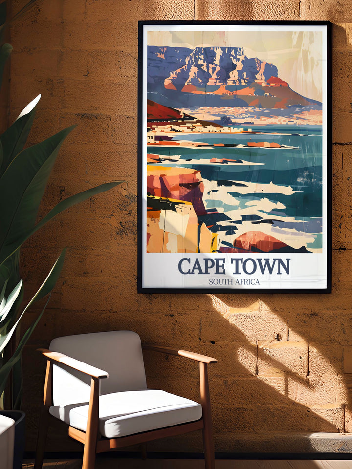 Stunning Cape Town art print featuring the iconic Table Mountain and Cape of Good Hope. Perfect for South Africa wall decor, this travel poster captures the essence of Cape Town and is a great addition to any home or office.