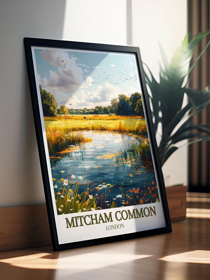 Celebrate the beauty of Mitcham common pond with our stunning living room décor prints perfect for any nature lover these prints capture the peacefulness of this South London gem making them an excellent addition to your home decor and art collection