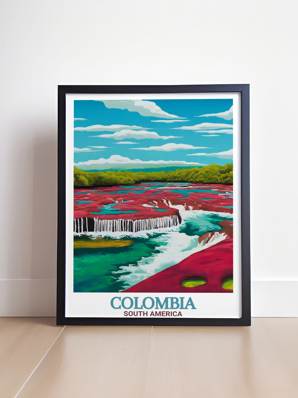 Colombia Travel Print captures the vibrant colors of Caño Cristales and the historical charm of Cartagena. This artwork is perfect for adding a touch of Colombias natural and cultural wonders to any living space.