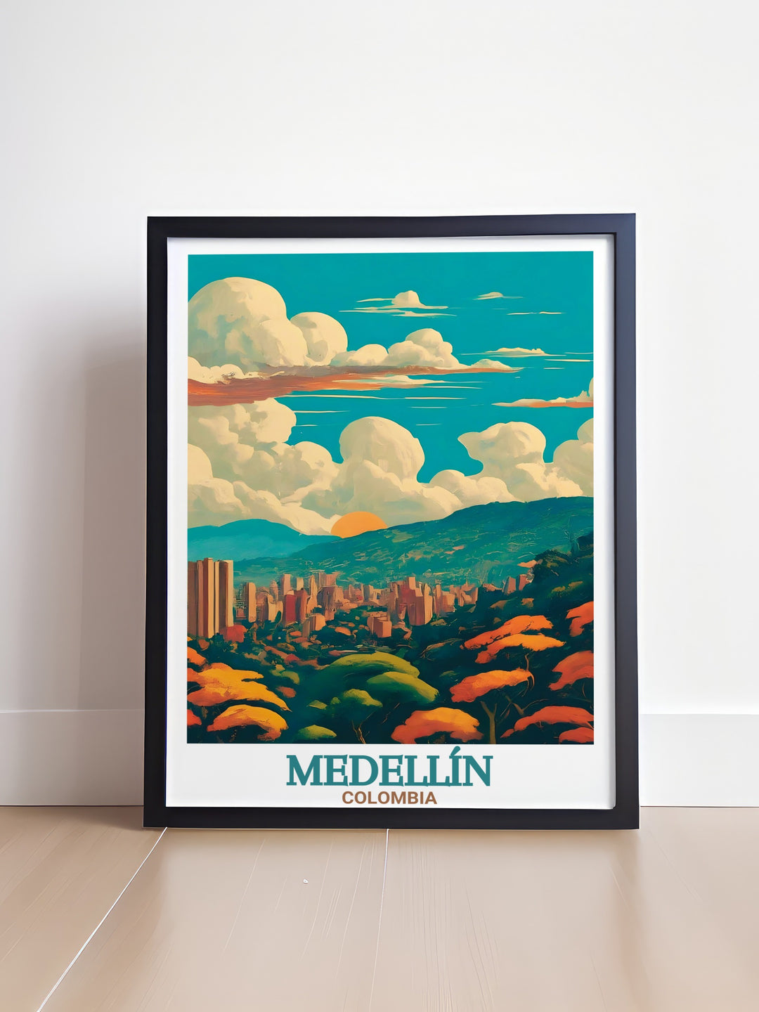 This Medellín Travel Print highlights the vibrant city of Medellín and the serene landscapes of Parque Arví. Perfect for travel lovers and art enthusiasts, this framed print adds a touch of Colombian beauty to your home.