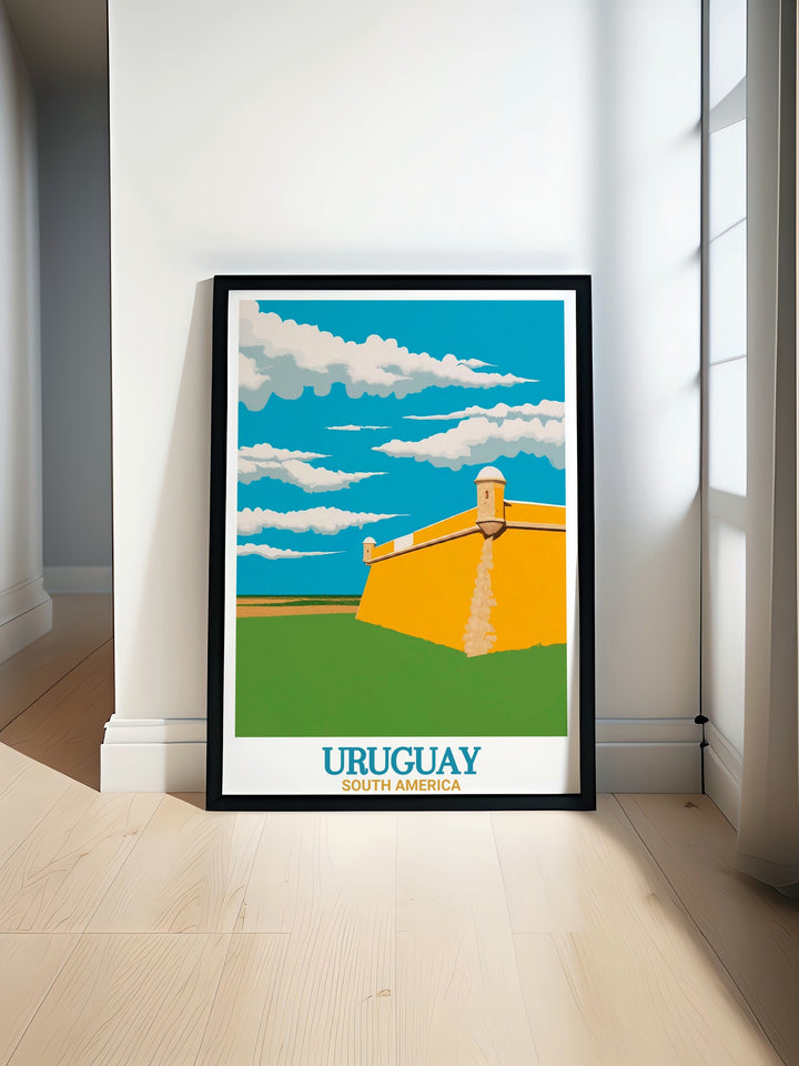 Montevideo poster showcasing the vibrant culture and historic charm of Uruguay Fortress of Santa Teresa print adding elegance to any room with its unique architectural styles and stunning views of the historic fortress.