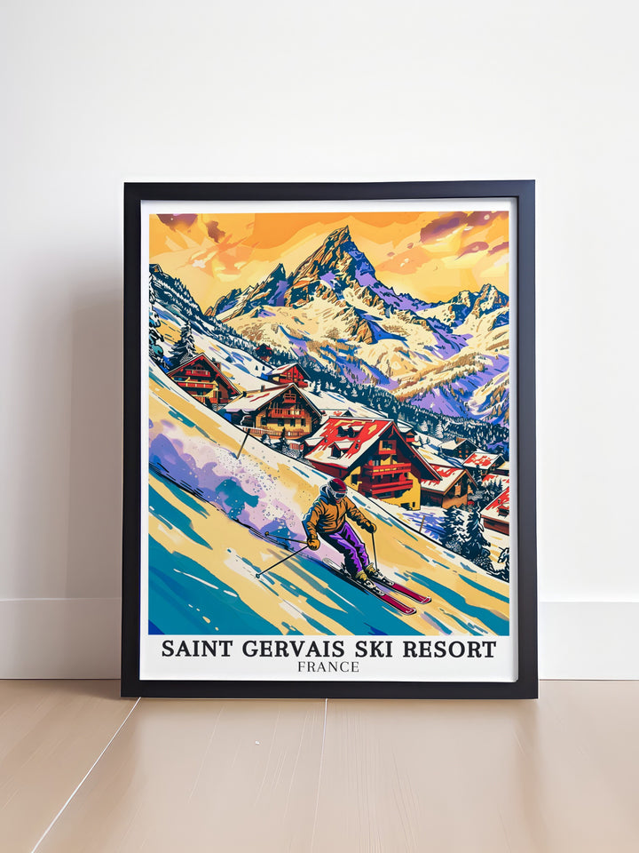 Mont Blanc, the highest peak in the Alps, illustrated in a beautifully detailed art print. This piece captures the majestic grandeur of the mountain, making it a perfect addition to any room, whether you are an avid skier or a lover of natural beauty.