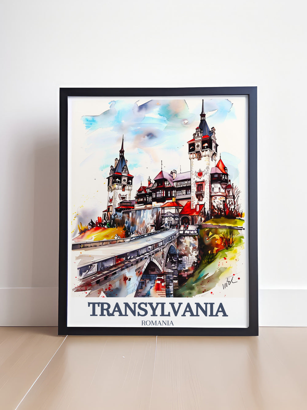 Transylvanias Corvin Castle, located in Hunedoara, is beautifully depicted in this travel poster, offering a glimpse into Romanias rich history. Perfect for lovers of adventure and Gothic architecture, this framed print is a captivating piece for any room.