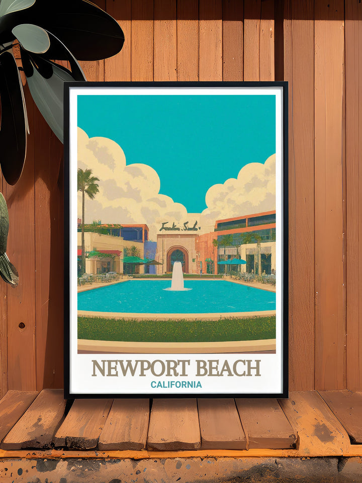 Fashion Island gift for lovers of Newport Beach and California travel. This elegant print captures the unique character of Fashion Island with its detailed depiction of upscale shops and serene surroundings. A thoughtful and meaningful gift for any occasion.