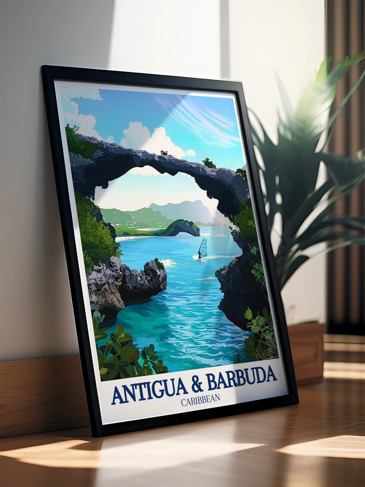 Antigua Poster focusing on the islands diverse landscapes, from pristine beaches to dramatic cliffs. This custom print captures the essence of Antiguas natural beauty, making it a standout addition to any travel themed wall decor