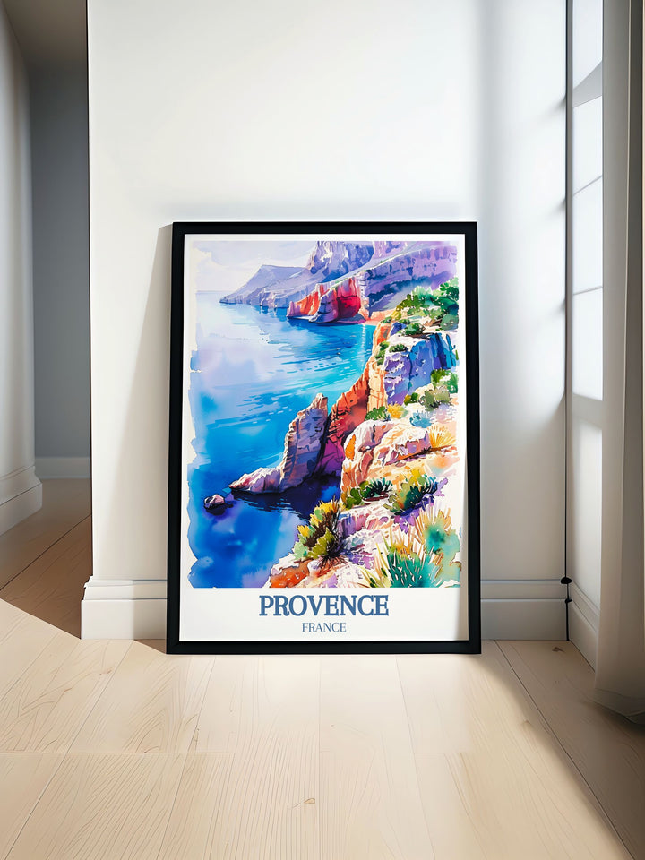 Experience the beauty of Calanque de Sugiton cliffs and Cap Canaille with our elegant Provence Wall Art perfect for enhancing your home living decor with stunning French landscapes and serene lavender fields.