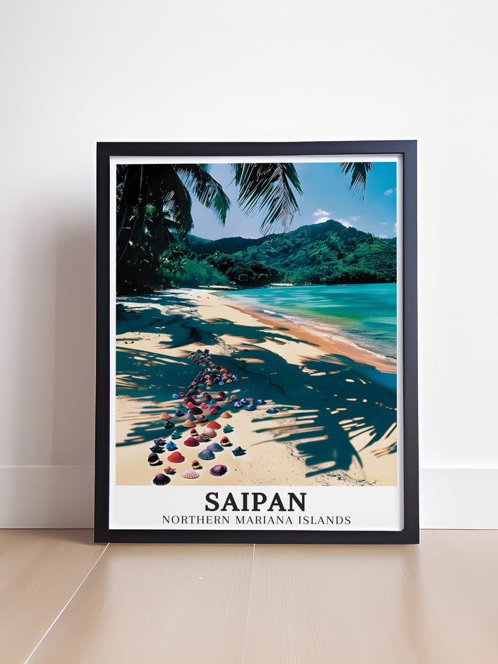 Micro Beach travel wall art showcasing the crystal clear waters and soft sandy shores of Saipan near Garapan. These art pieces are a beautiful addition to home decor, offering a visual escape to the tranquil beauty of Micro Beach. Ideal for nature lovers, these prints bring the charm of the Mariana Islands into your living space.