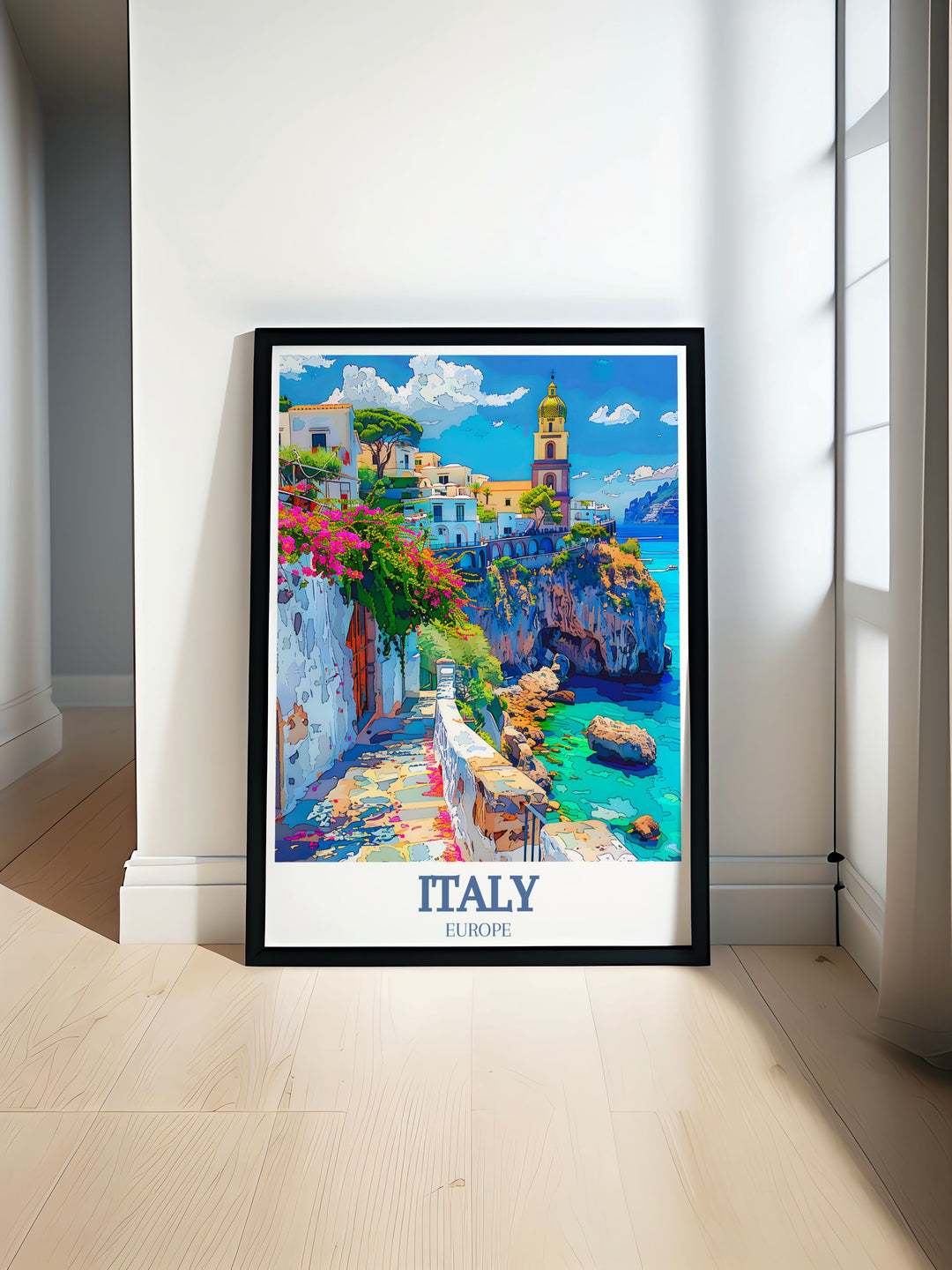 This travel poster captures the picturesque Amalfi Coast and the historic Campanile Bell Tower, highlighting the stunning coastal scenery and architectural beauty of Italy, perfect for home decor enthusiasts.
