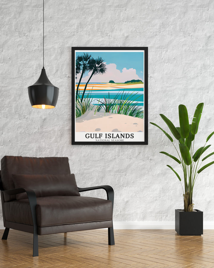 The Gulf Islands travel poster brings the charm of Floridas Gulf Islands National Seashore into your living space. With its clear waters, soft sandy beaches, and lush coastal vegetation, this poster is a celebration of the natural beauty of the Gulf Coast. Perfect for travel enthusiasts and nature lovers alike.