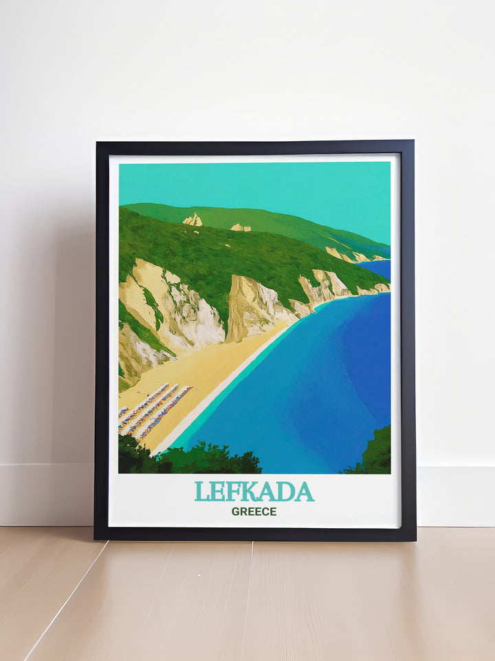 Stunning Greece Travel Print of Egremni Beach on Lefkada Island showcasing crystal clear waters and rugged cliffs ideal for creating a peaceful and inspiring atmosphere in your home with this beautiful Greece Wall Art or Lefkada Artwork