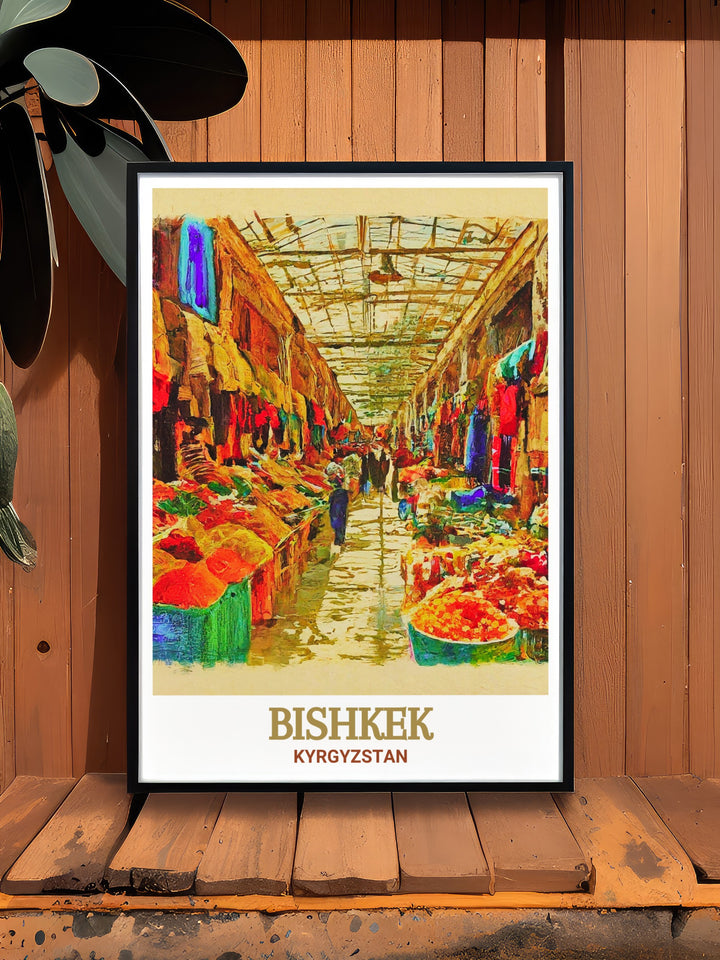 Osh Bazaar Travel Print captures the bustling marketplace in Bishkek, offering a detailed view of the daily life and architectural charm of the city. Perfect for art lovers and travelers, this poster adds a unique cultural element to home decor.