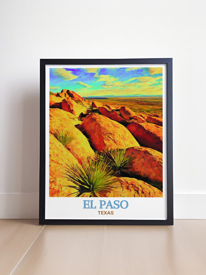 Decorate your home with this El Paso skyline poster that includes a touch of Texass rich natural heritage. The rugged beauty of the Hueco Tanks combined with the cityscape of El Paso makes this print ideal for anyone who loves both urban and natural landscapes.