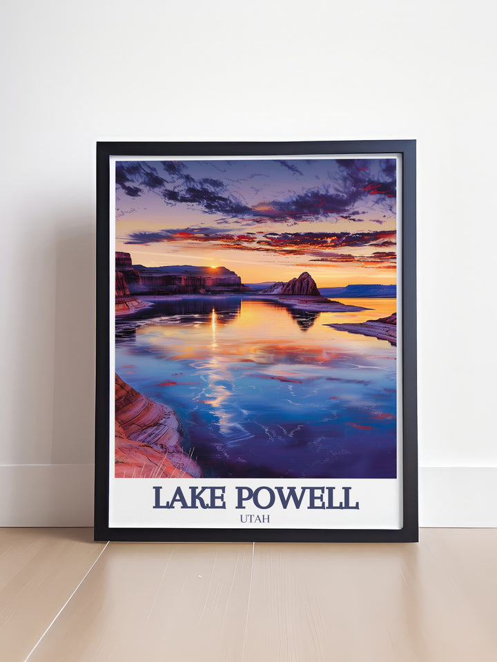 This Lake Powell poster print captures the breathtaking views of Glen Canyon cove and Padre Bay, making it the perfect addition to your home décor or a thoughtful travel gift for adventure lovers.